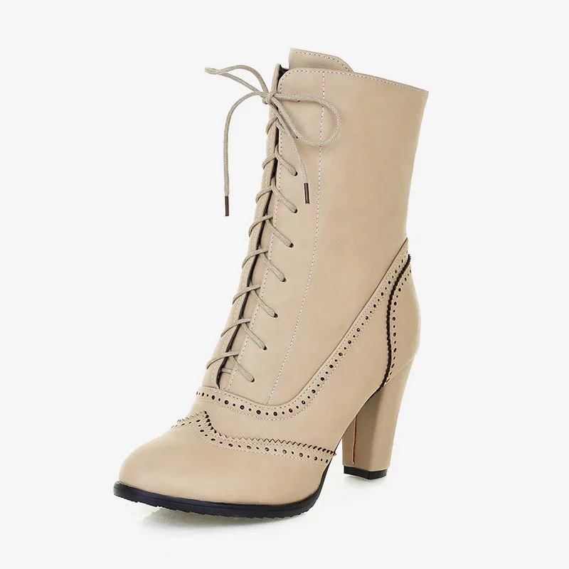 MCCKLE/ботинки размера плюс женские зимние ботильоны теплая обувь из искусственной кожи с вырезами женская обувь на высоком каблуке со шнуровкой в британском стиле - Цвет: Beige