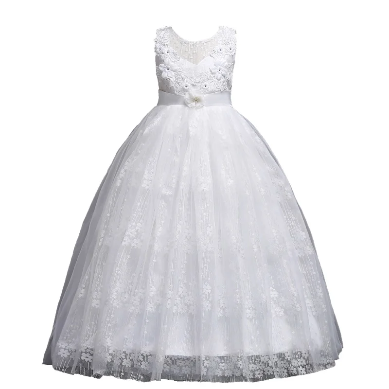Кружевное Свадебное длинное платье для девочек-подростков; Элегантное нарядное торжественное платье принцессы; одежда без рукавов для девочек 4-14 лет - Цвет: as picture