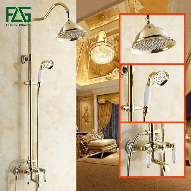 Us 202 8 40 Off Flg Rainfall Shower Faucet With Slide Bar Tub Three Handle Set Porcelain Golden Bronze Wall Mounted Faucets In Us 202 8 40 Off Flg Rainfall Shower Faucet With Slide Bar Tub Three Handle Set Porcelain Golden Bronze Wall Mounted Faucets In