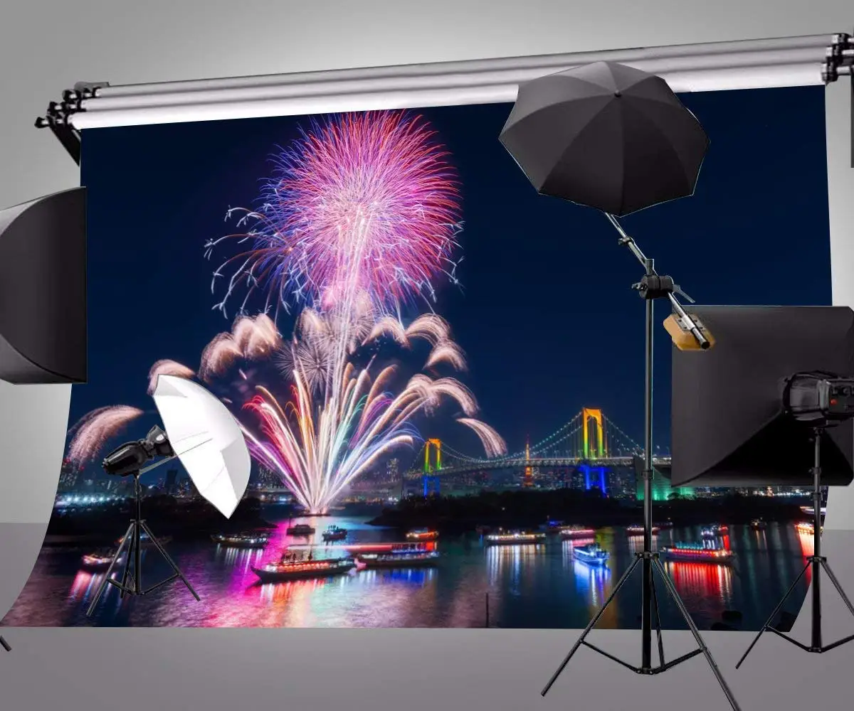 7x5ft красочные Феерверки ночные Декорации для фотосъемки с радужным мостом в виде