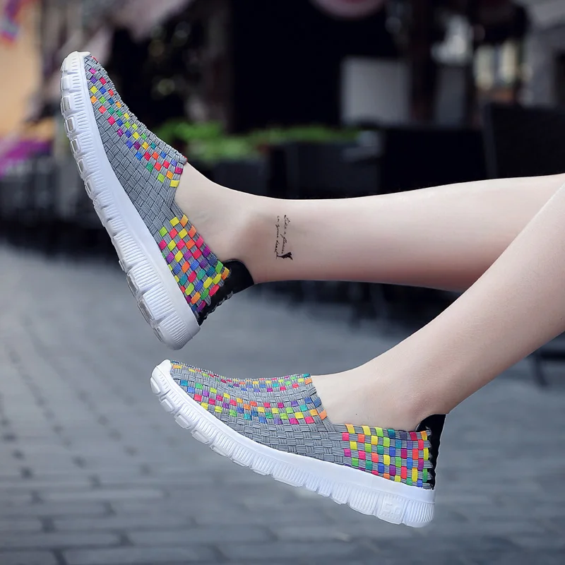 Big Size 35-44 Yards Woven Mesh Women Shoes Round Head Breathable Soft Flats Slip-On Footwear Lightweight Outdoor Casual Shoes (43)