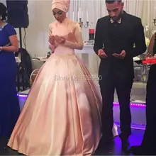 Long Sleeve Muslim Evening Dress Hijab Hochzeitskleid Robe de Mariage Pink Blush Satin Party Formal Evening Gowns Cheap YWD79