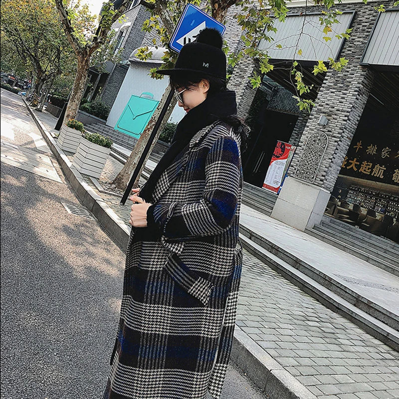 Automne Rétro Manteau Longue breasted Femelle Hiver Single Xy008 Plaid Coréenne Femmes Mode De Section Moyen Nouveau Laine En 2019 Blue Lâche g5v8qxtw