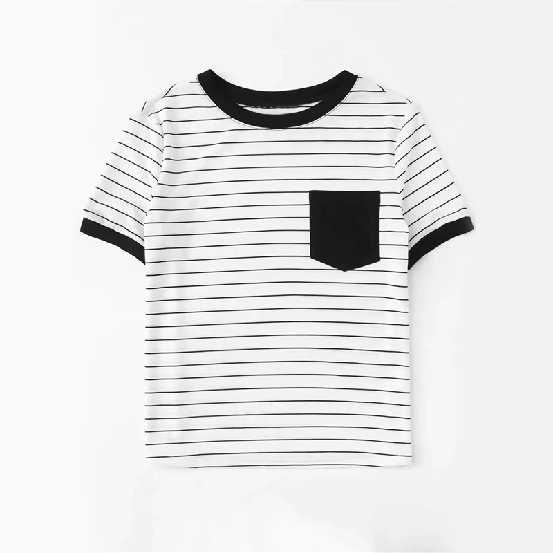 Dotfashion Black And White Patch Pocket Striped Ringer Tee Women Casual Tops Summer Short Sleeve Preppy Colorblock T-Shirt