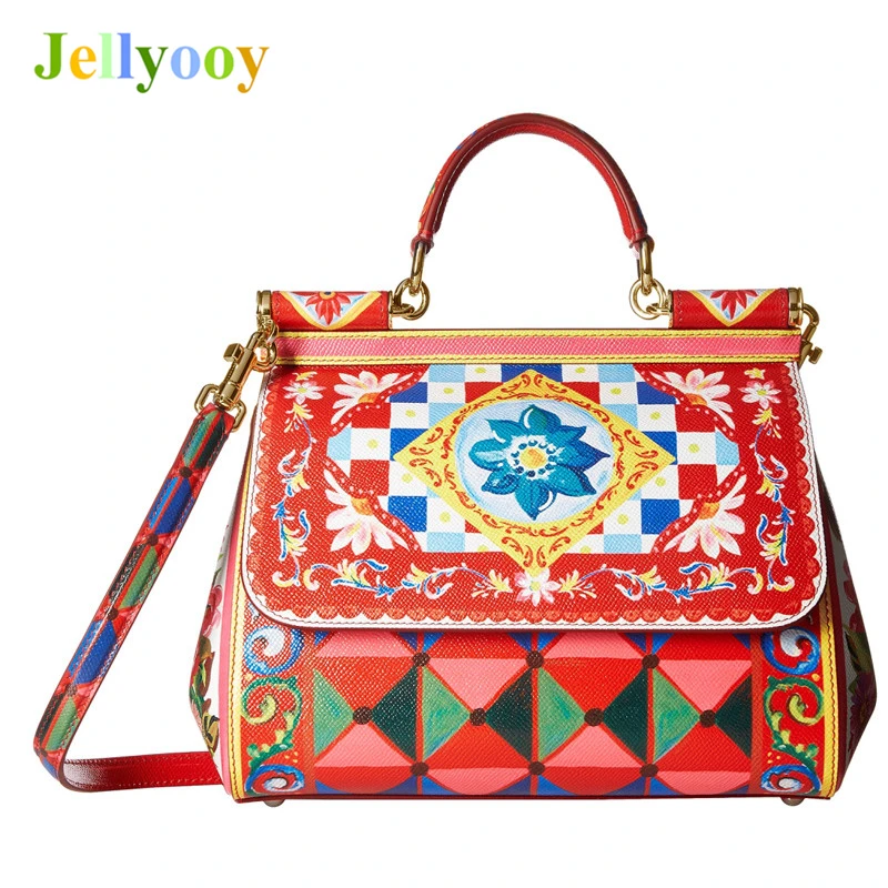 

Luxury Italy Brand Sicily Ethnic Floral Printing Bag Genuine Leather Casual Tote Platinum Bag Lady Shoulder Messenger Bag Bolsas