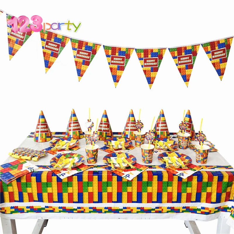 

Lego Party Disposable Tableware set Paper Plates Cups bottle sticker Children's Birthday Party Baby Shower Decorations Supplies
