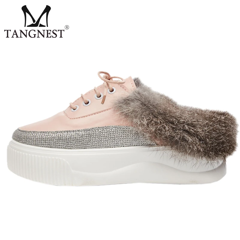 

Tangnest Platform Fur Loafers Casual Winter Autumn Glitters Creepers Shoes Woman Slides Lace-up Comfort Flats XWD6970