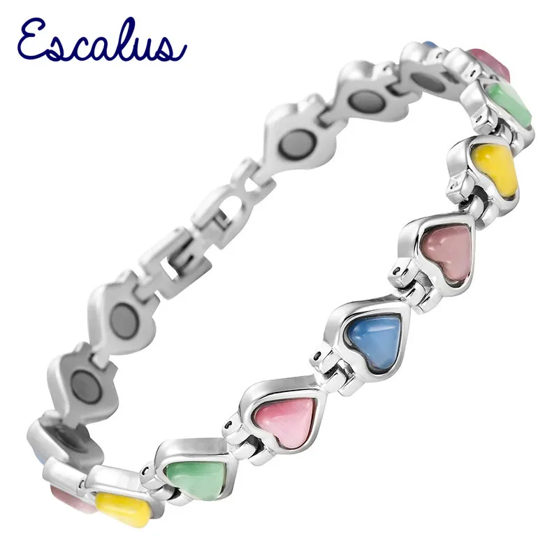 

Escalus Ladies Magnetic Women Bracelet Stainless Steel Colourful Heart Cat Eye Stone Gift Jewelry Bangle Wristband Charm