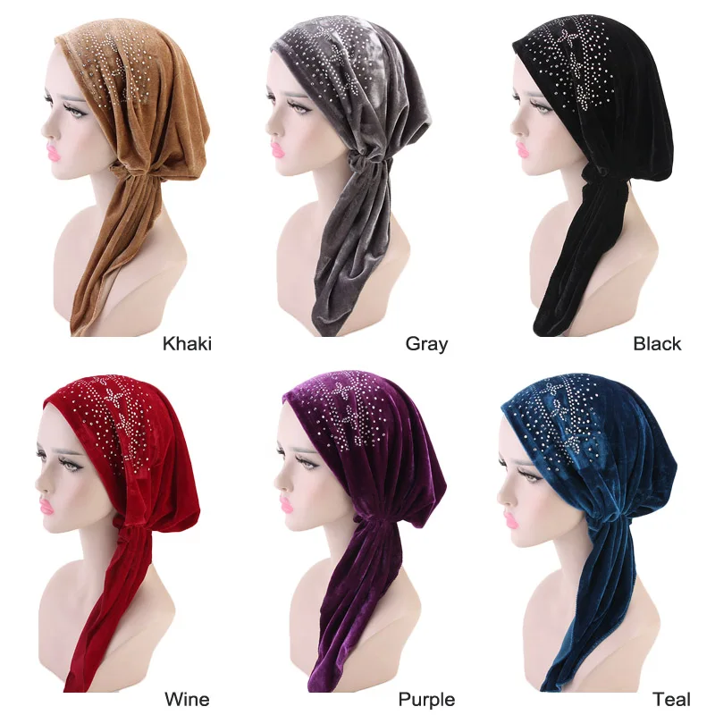 

New fashion women velvet rhinestone Pre Tied Fitted Turban Head Scarves Headwear Chemo Hat Beanie Sleep cap Hijab Turbante