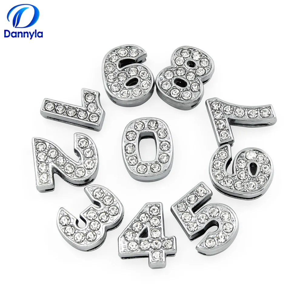 

10pcs/lot 10mm Silver Full Rhinestones Slide Number Fit 10mm Diy Wristband Bracelet Jewelry, Accept Customization LSSL020