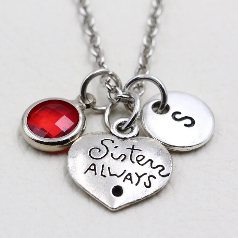 

Sisters Always Best Friends Heart Charm Necklace/A to Z Letters Necklaces/Personalized Birthstone Pendant Necklace/Sister Gift