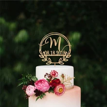 На заказ Mr& Mrs инициалы и дата венок свадебный торт Топпер с листьями персонализированные деревенский Романтический Деревянный Свадебный декор