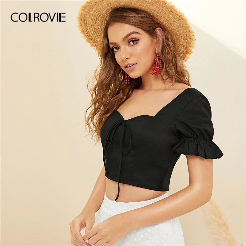 

COLROVIE Black Crop Bow Front Shirred Back Womens Tops And Blouses 2019 Summer Boho Flounce Sleeve Clothing Ladies Slim Fit Tops