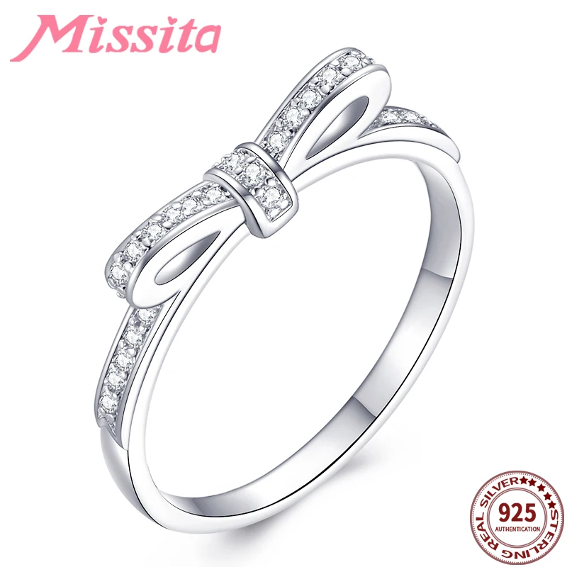 

MISSITA 100% 925 Sterling Silver Romantic Bowknot Rings For Women Clear Crystal Valentine Day Gift Wedding Brand Jewelry