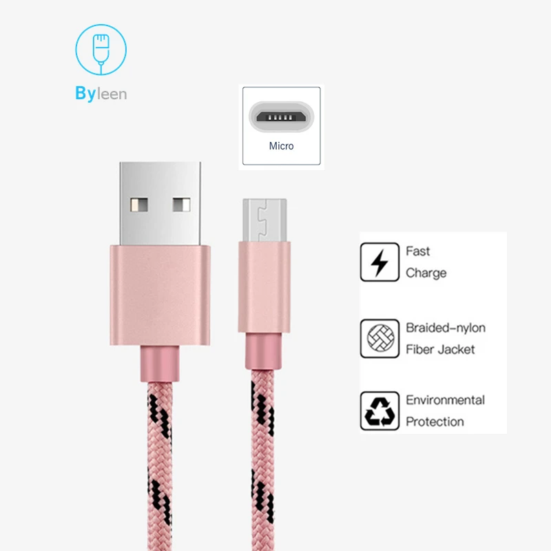 

Byleen Pink 0.25/1 Meter Nylon Braided Micro USB Charger Fast Charging Data Sync Line for Xiaomi Redmi 4x 5a 6 note 5 LG G3 G4