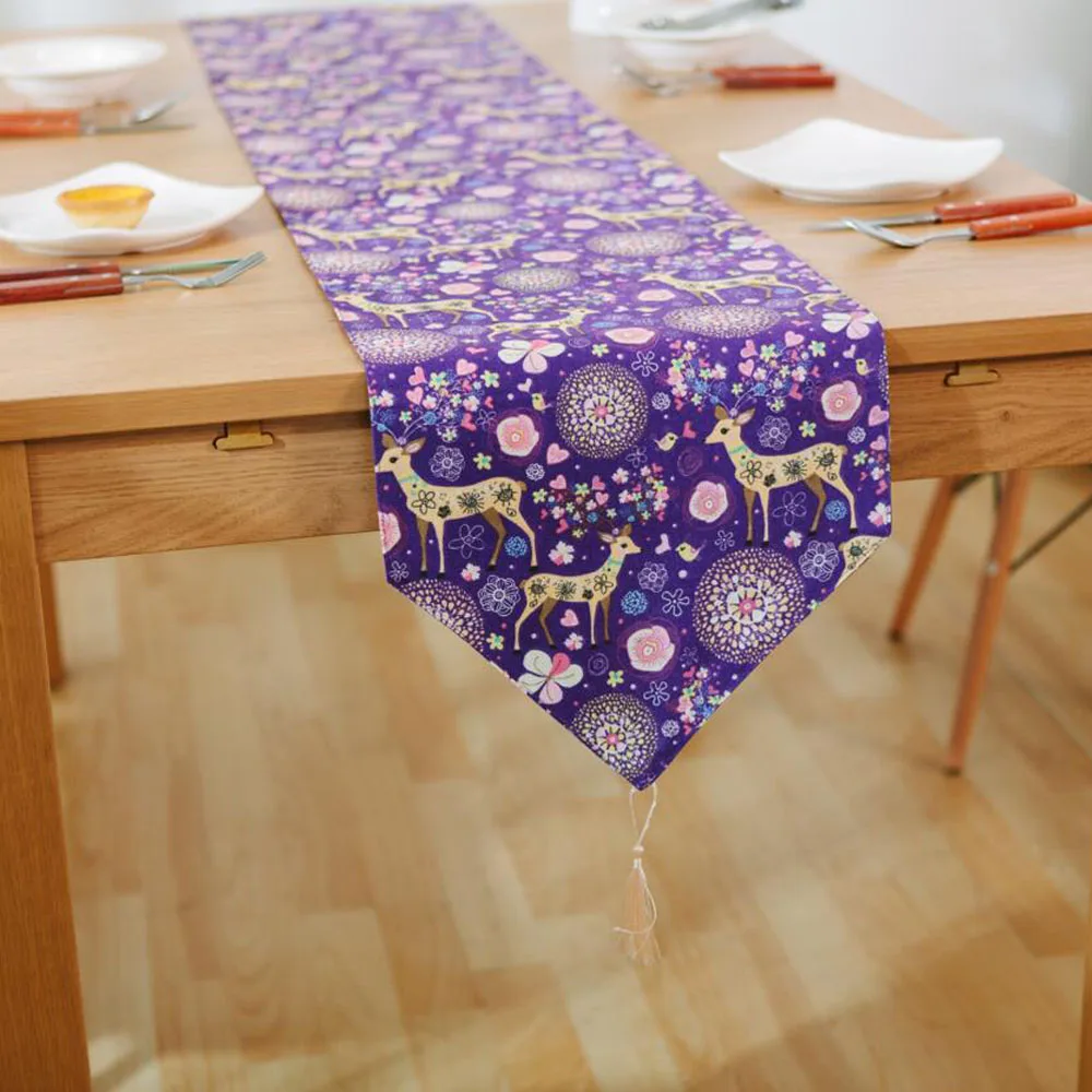 

High Quality North Europe Elk Linen Table Runner Purple Blue Deer Print Cotton Coffee Table Runners For Home Dining Table Decor