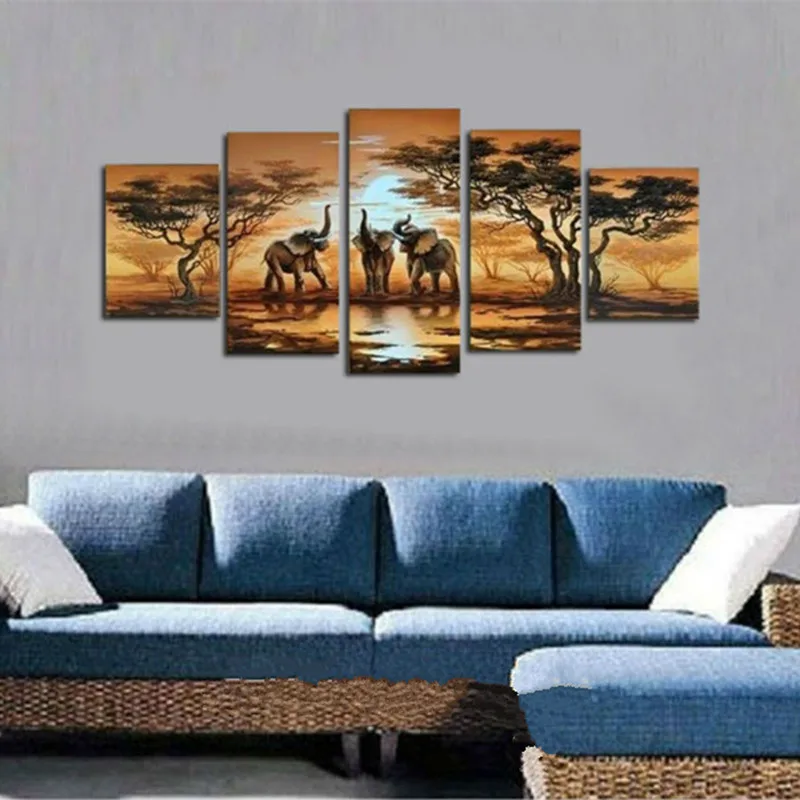 

5 Panel Pictures Set Hand-painted Africa Elephant Landscape Oil Painting Modern Abstract 5 Piece Canvas Art Paintings Wall Decor