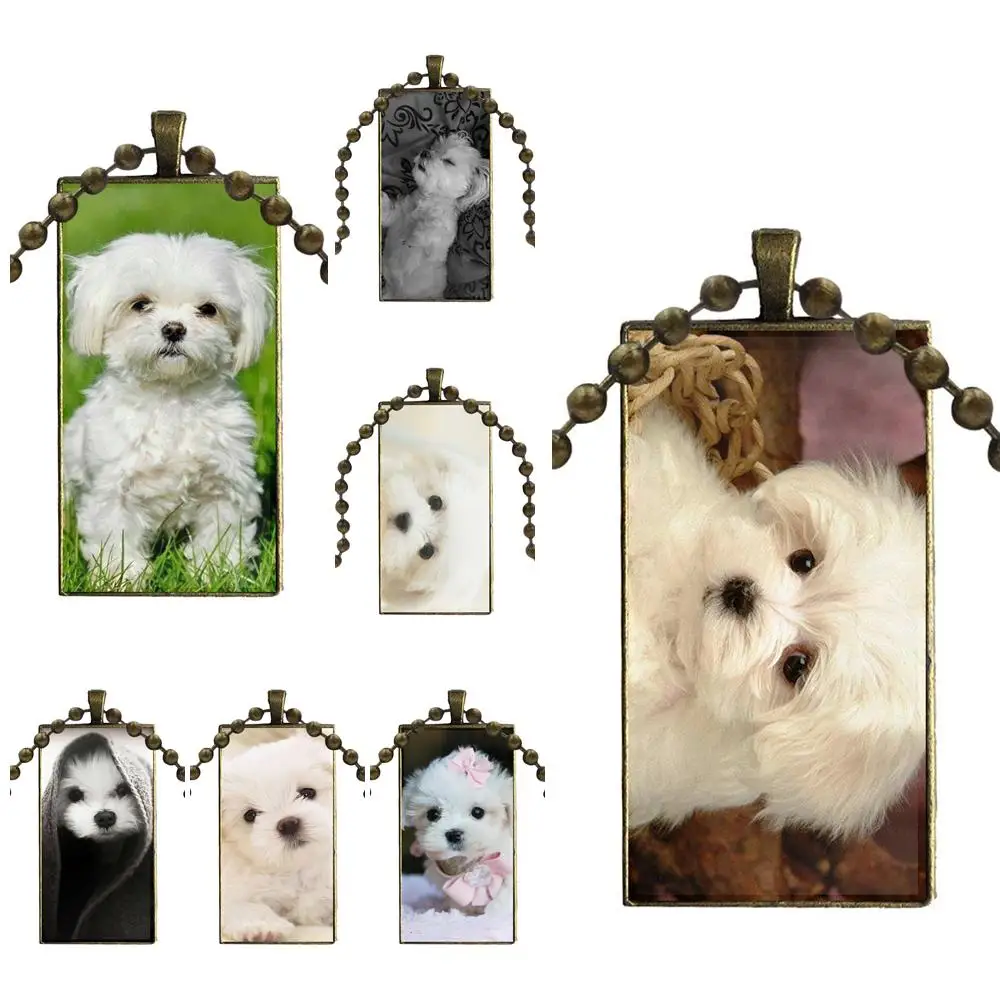 

For Girls Best Gift Glass Cabochon Pendant Necklace Rectangle Fashion Necklace I Love My Maltese Dog White Cute Dogs