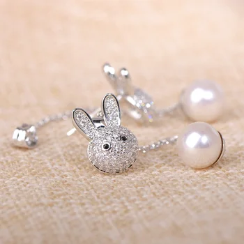 

High Quality Gold Rabbit Shape Small Simulated Pearl Earrings Jewelry Zircon Copper Piercing Earring For Girl Women Party Gift