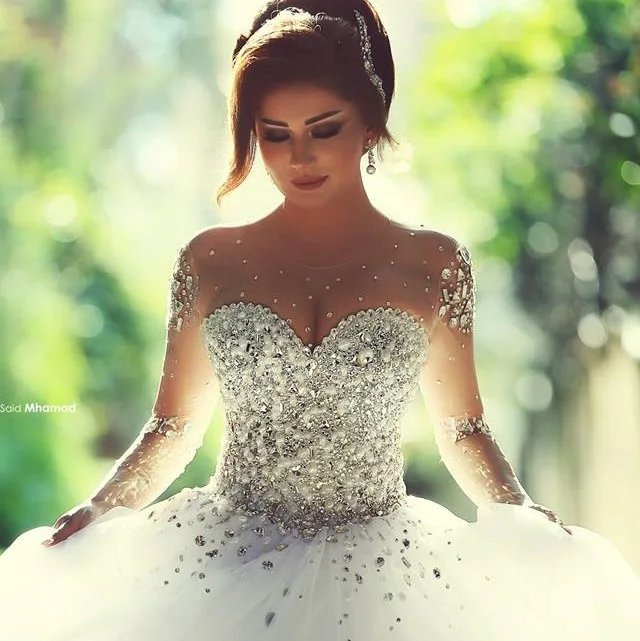 Vestido de novia de manga larga con piedras de cristal brillantes, tul con  perlas|wedding dress long sleeve|gown weddingball gown wedding dresses -  AliExpress