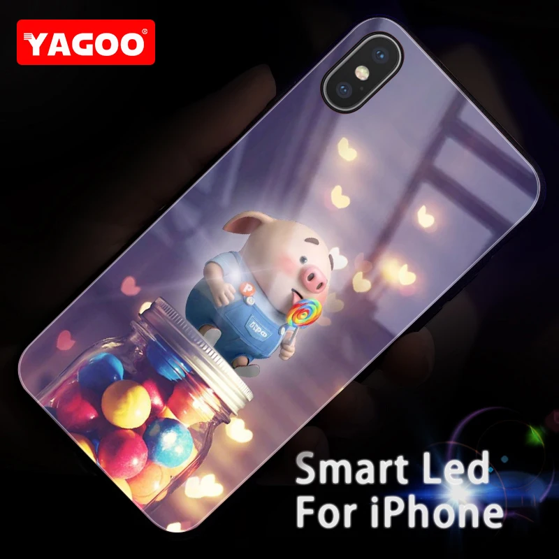 Yagoo Smart Led Glow Phone Case For iPhone XR XS MAX Cover Funda Luxury Hard Silicone TPU Cartoon Pig Patterned Glass |