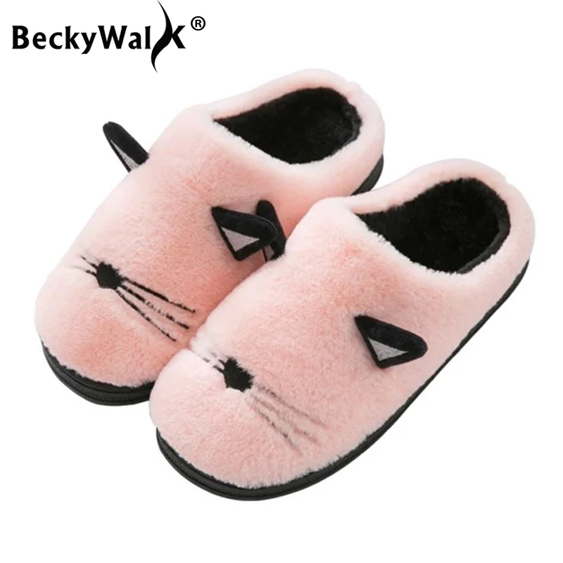

BeckyWalk 2018 Autumn Winter Warm Cotton Children Slippers Kids Boy Shoes Ears Cartoon Plush Indoor Home Baby Girls Shoes CSH701