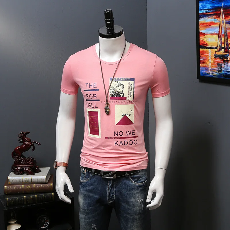 2018 Plus Size 4XL Summer Men T Shirts Pink Cotton 100% O