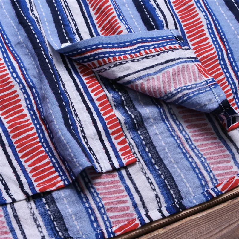 Nepal Boho 5XL Men's Shirts Short Sleeve Dress Shirt Striped Cotton Shirt Loose Turn Down Collar Hombre Camisa Hawaiian Clothes