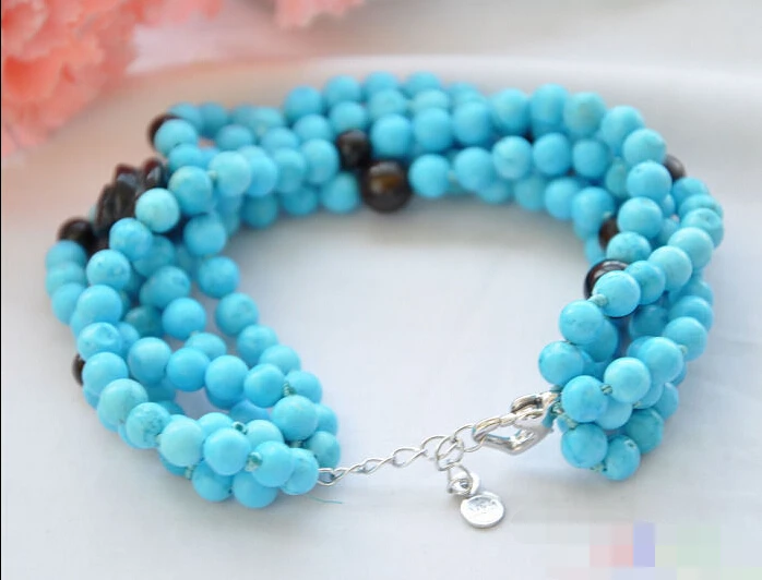

Hot sell Noble- FREE SHIPPING>>>@@ 0871 6row 8" black agate flower blue turquoise bead bracelet