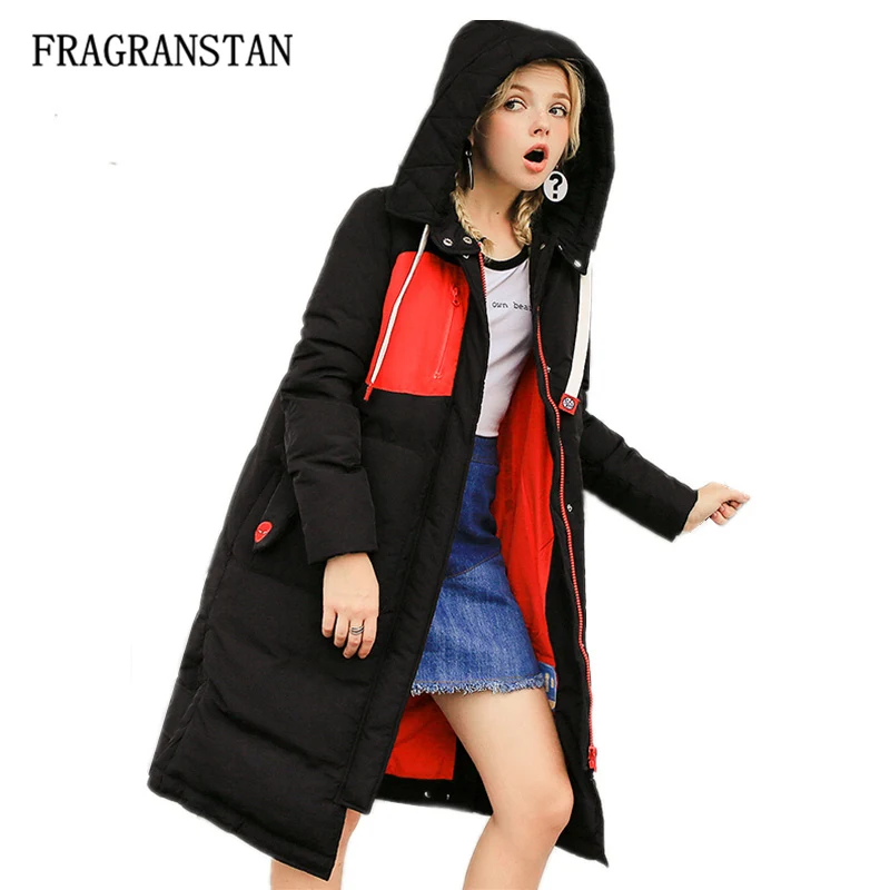

Winter Thicken Keep Warm Hooded Down Jacket Female New Fashion Pockets Hit Color Vestidos Casual Loose Preppy Style Coats JQ46