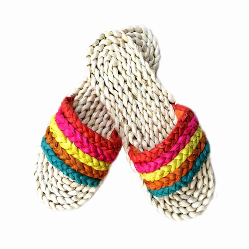 

Women Slippers Summer Beach Sandals Handmade Straw Outside Slippers Knitting Colorful Comfy Flat Women Beach Flip Flops