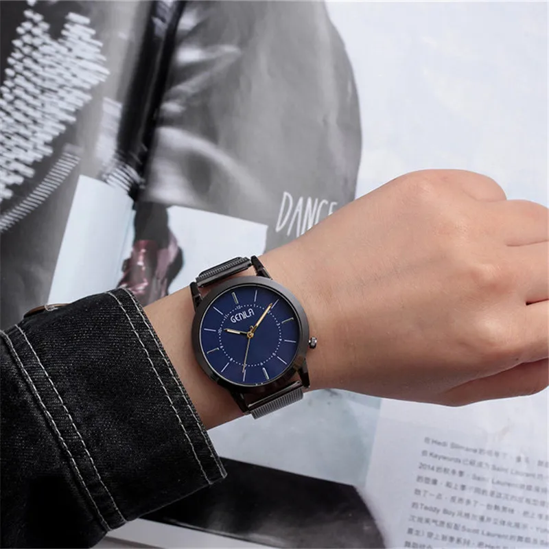

Hot Sale Mens Temperament Watch Thin Disc Male Clock Quartz Wristwatch Mesh Strap Classic Business Relogio Masculino @50