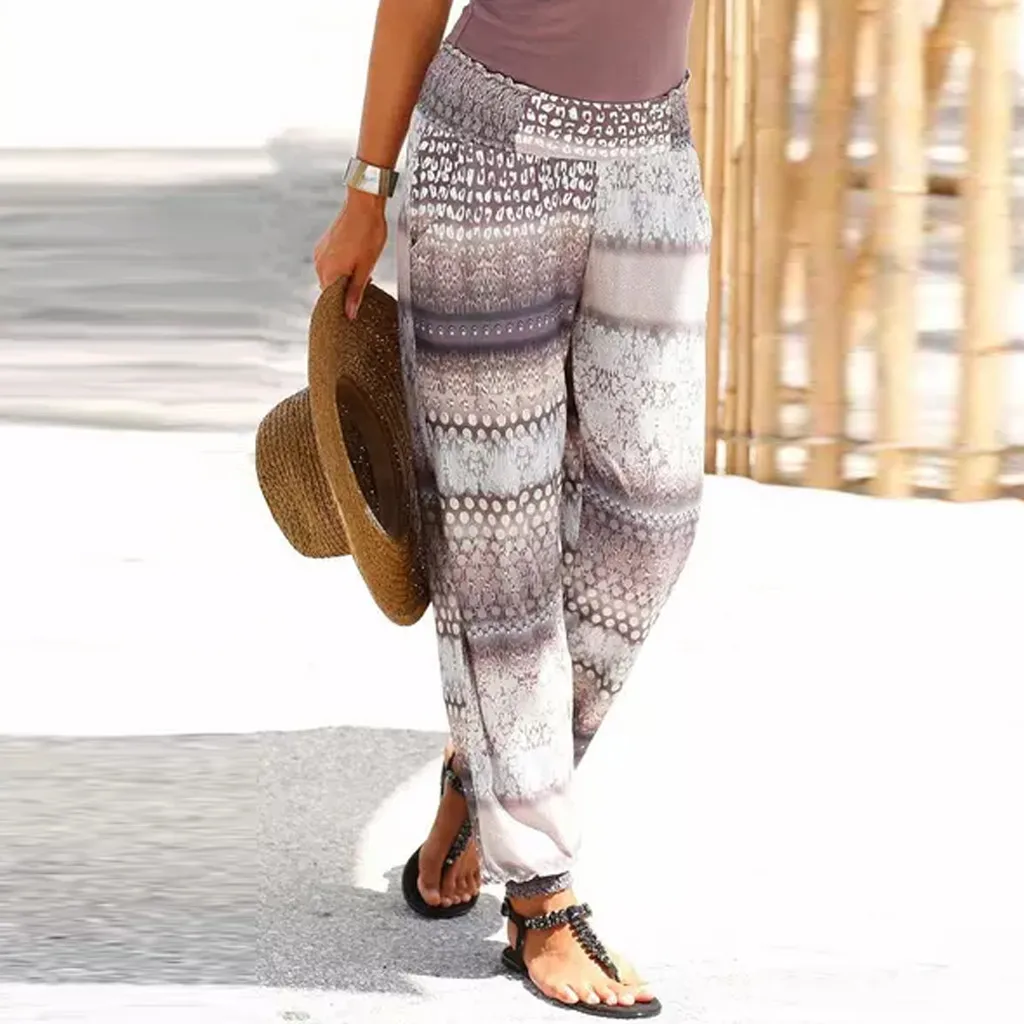 

Boho Summer Pants Women Long Trousers Women's Elastic High Waist Beach Pant Casual Print Ladies Harem Pants Pockets Casual 2019