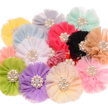 

45PCS Shabby Chic Chiffon Raw Edge Flowers with Pearl Rhinestone Boutique Decoration Flowers for DIY Hair Accessories