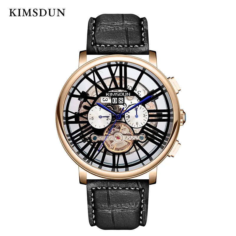 

KIMSDUN mechanical watch men automatic Hollow Tourbillon rose gold watches Round 3Bar waterproof Week Display Reloj de hombre