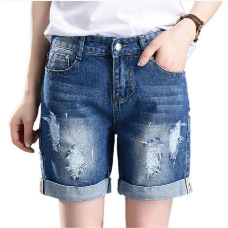 

JOYINPARTY Large Size Denim Shorts Straight Hole Loose Jeans for Women 55-100 kg