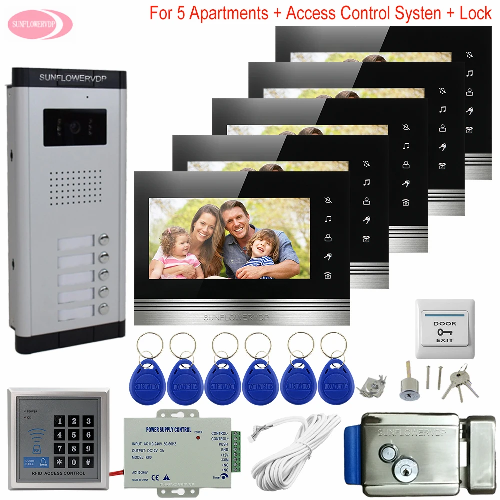 7inch Video Intercoms for Private Homes Access Control 5 Buttons + 5 Monitors Intercom in the Apartment + Electronic Door Lock 7inch Video Intercoms for Private Homes Access Control 5 Buttons + 5 Monitors Intercom in the Apartment + Electronic Door Lock