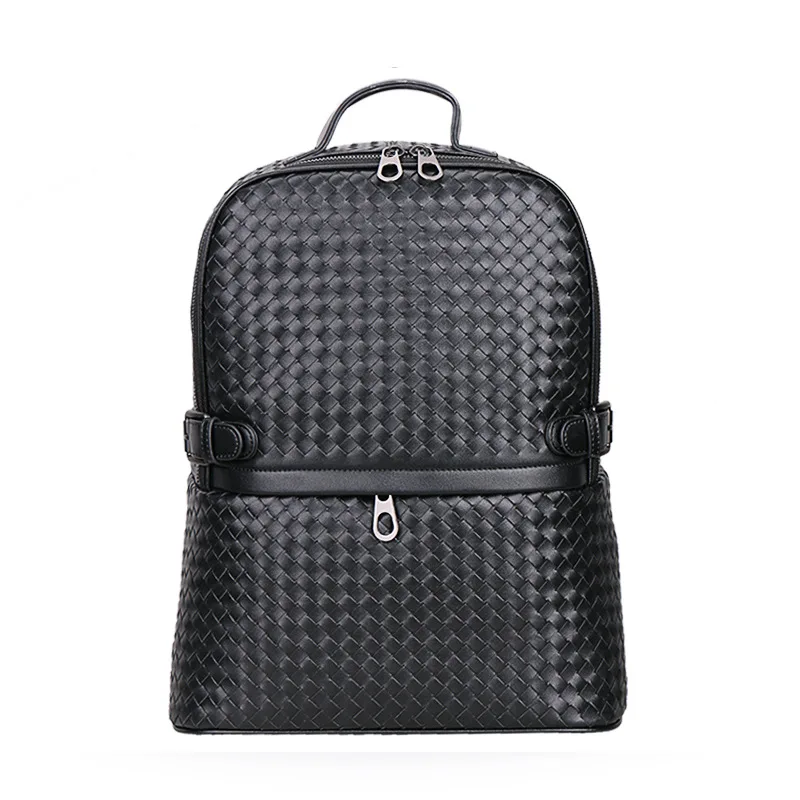 

New Brand 100% Genuine Leather Men Backpacks Knitting Real Natural Leather Student Backpack Boy Luxury Weave Computer Laptop Bag
