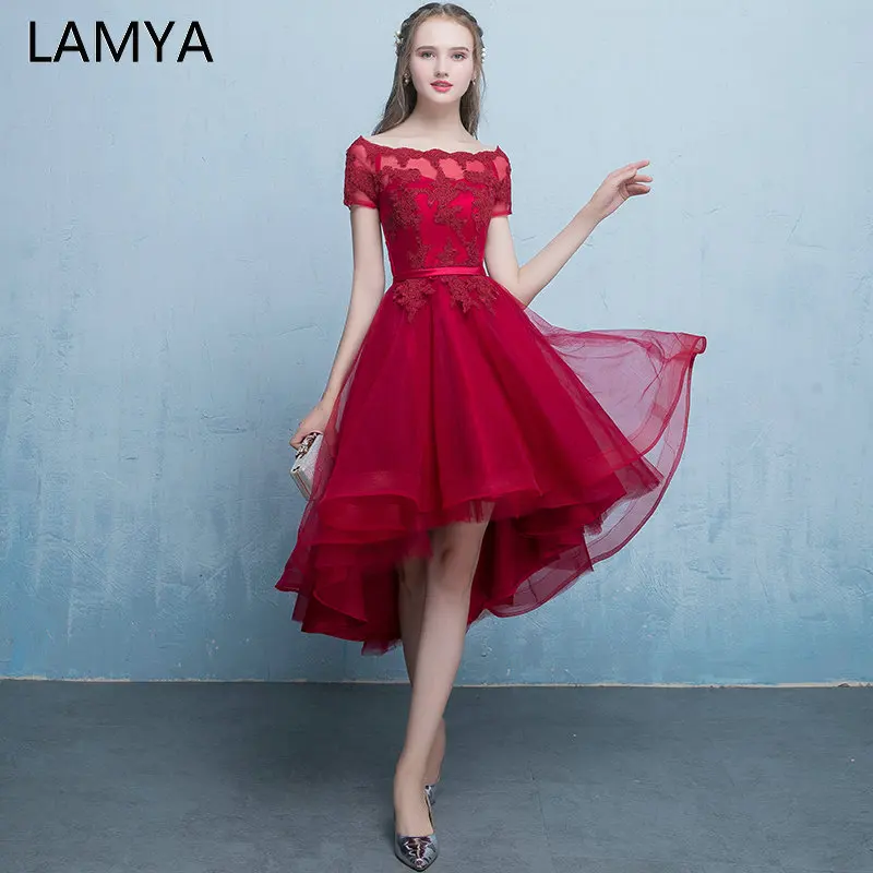 

LAMYA High Low Evening Party Dresses Elegant Short Lace Sleeve Prom Dress 2019 Cheap Vintage Plus Size vestido de festa