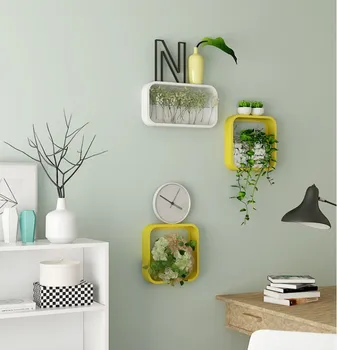 

Brief Wall Vase Iron Art Solid Color Rectangular/Square Artificial Flower Colored Stone Holder Hanging Vases Home Party Decor