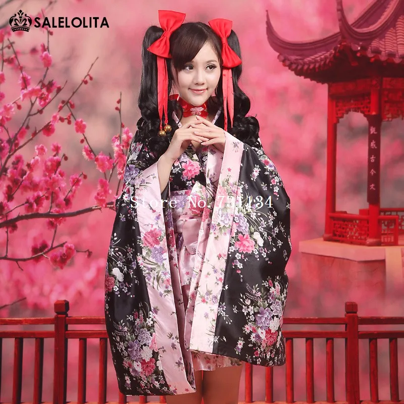 Милое Аниме черное розовое с цветочным принтом японское кимоно лолита платья женские косплей горничной костюмы на Хэллоуин