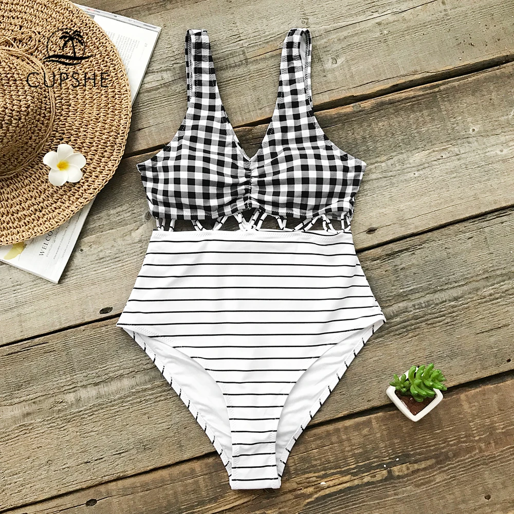 CUPSHE Black And White Plaid V neck One piece Swimsuit Women Striped