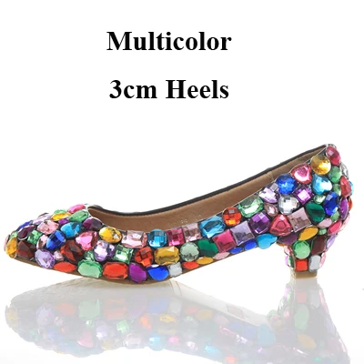 Яркие свадебные туфли принцессы на низком каблуке 3 см, украшенные кристаллами; свадебные модельные туфли со стразами; свадебные туфли-лодочки; обувь для ночного клуба - Цвет: Multicolor 3cm
