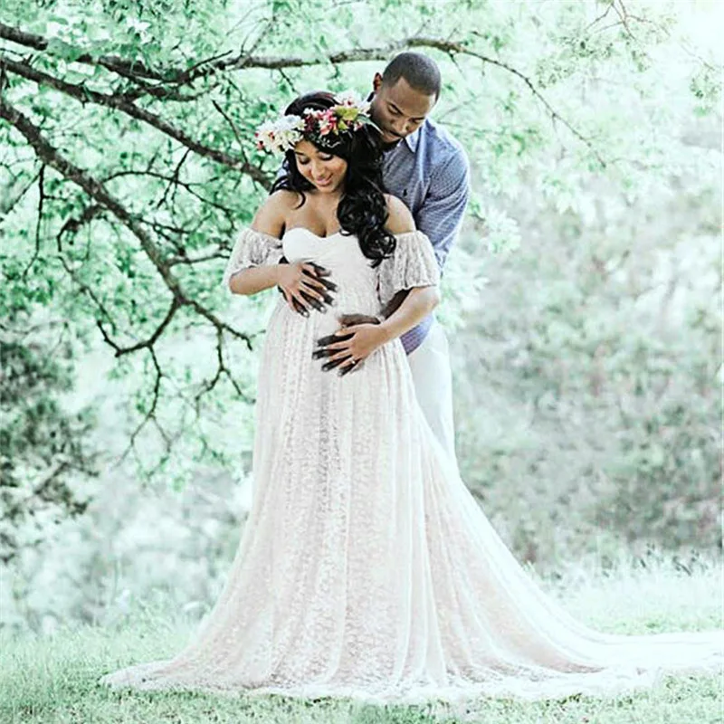  Women's Floral Lace Short Sleeve Photography Fly Sleeves Off Shoulder Long Dress Lace Maternity Dresses Photo Shoot C10% (4)