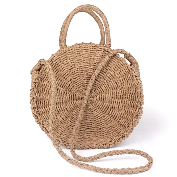 Плетеная круглая сумка ручной работы из ротанга, винтажная Ретро соломенная веревка, вязаная сумка-мессенджер, Женская свежая бумажная сумка, летняя пляжная сумка-тоут - Цвет: Khaki no Button