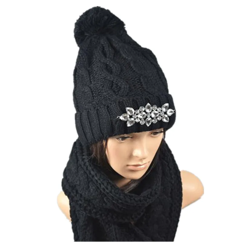 Русский стиль, Новая женская шапка, шарф, перчатки, комплект из 3 предметов, теплая вязаная шапка для русской зимы, шерстяная шапка, шапка из толстой пряжи, стразы со стразами