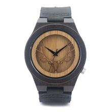 BOBO OISEAU Creux Squelette Gravé Cerf Tête Bambou Bois Montre Japon Mouvement 2035 Montre À Quartz avec Bracelet En Cuir pour Hommes