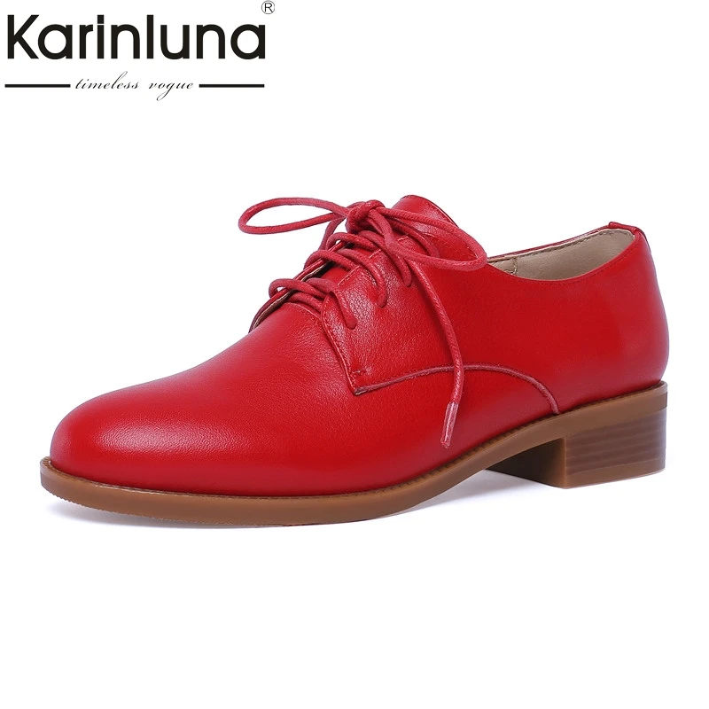 

Karinluna Fashion 2019 Genuine Leather Lace Up Cow Leather Shoes Woman Pumps Square Heels Office Pumps Woman Shoes
