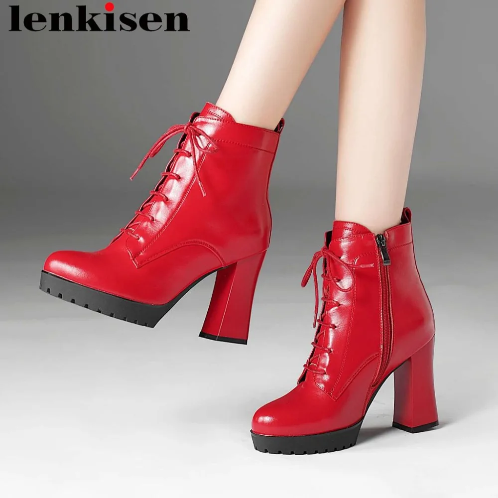 

2019 european british style cow leather super high heels zipper round toe office lady waterproof runway party ankle boots L88