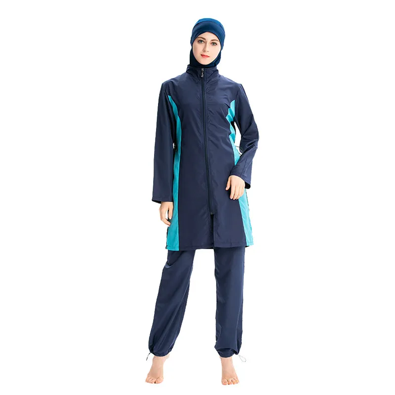 Женская мусульманская одежда для плавания, брюки с капюшоном, три части, темперамент, исламский купальный костюм, Элегантная модная пляжная одежда, купальный костюм - Color: Dark blue
